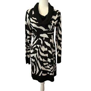 Calvin Klein Womens Zebra Print Sweater Dress With Cowl Neck Black & White Size